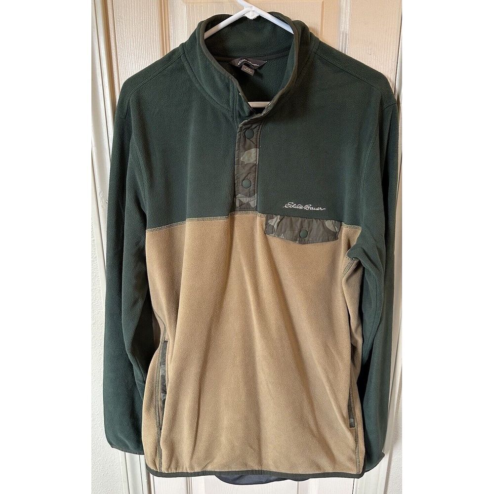 Eddie Bauer Mens Lg Green & Tan Long Sleeve 3 Button Fleece Sweater
